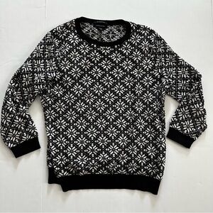 Lands' End Black and White Crewneck Sweater with Geometric Pattern